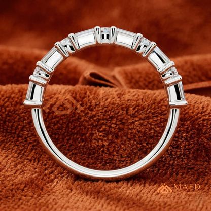 Alternating Baguette & Round Cut Diamond Wedding Band | Shared Prong Multi-Stone Anniversary Ring in Silver, 14K Gold, & Rose Gold