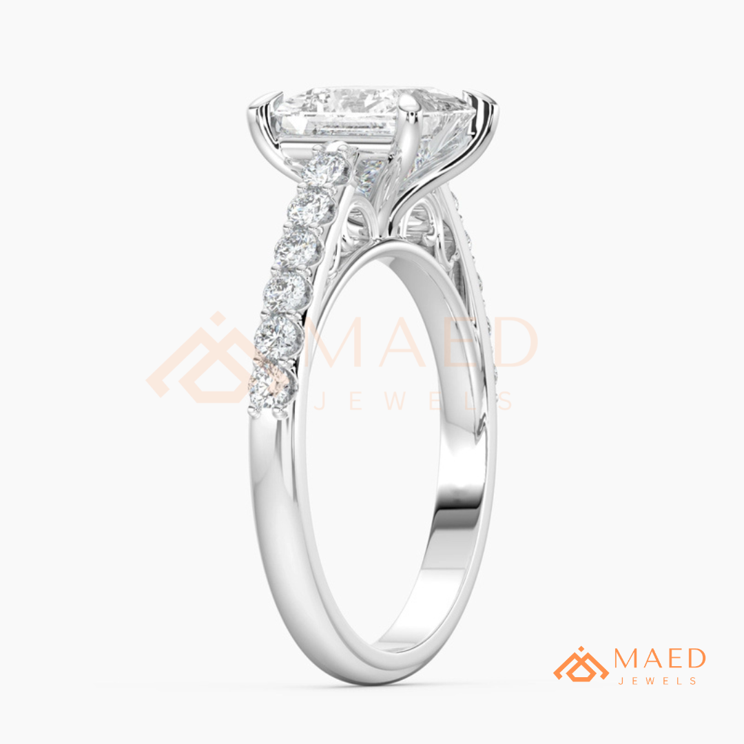 Princess Cut Engagement Ring with Pavé Band | 14k Gold, Rose Gold & Silver