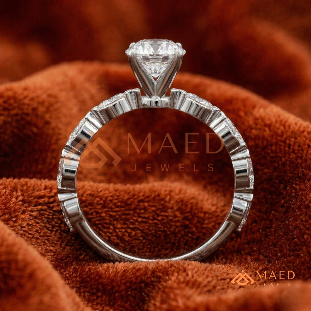 Round Cut Engagement Ring with Marquise Accent Cluster Band in 14K Gold, Rose Gold & Silver