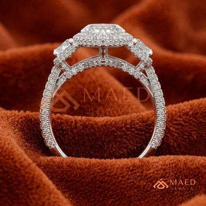 Vintage Marquise Cut 3-Stone Halo Ring with Triple-Row Pavé Band
