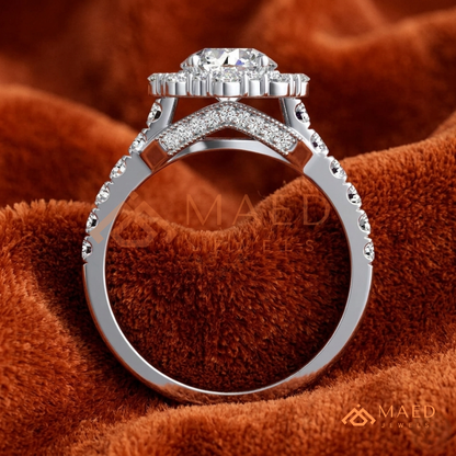 Round-Cut Halo Engagement Ring with Marquise-Accented Side Stones