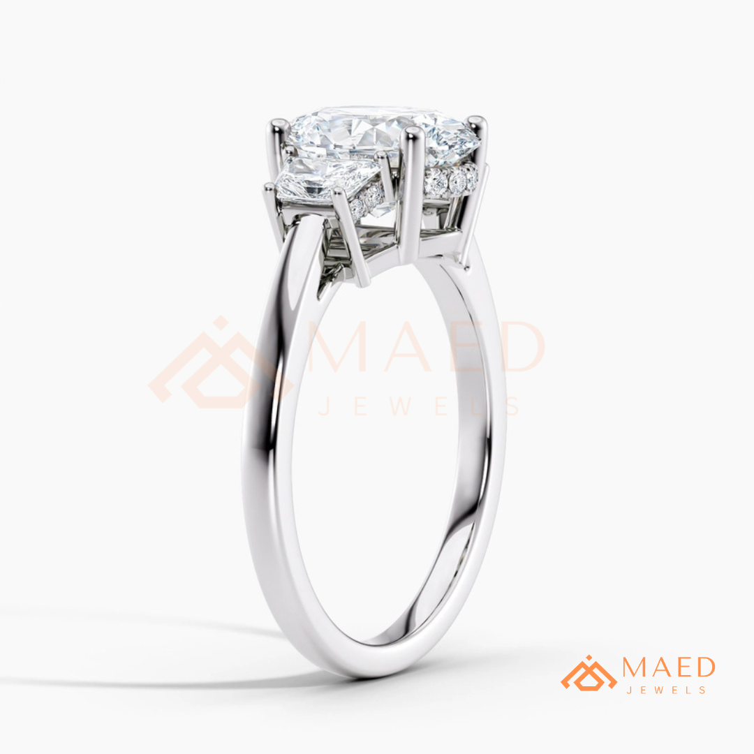 Classic Oval Cut 3-Stone Engagement Ring with Trapezoid Side Gems