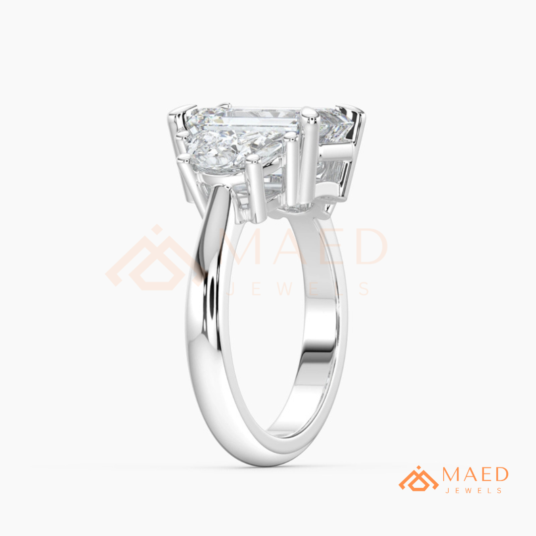 Emerald Cut Three Stone Engagement Ring | Half Moon Side Stones in 14K Gold & Silver
