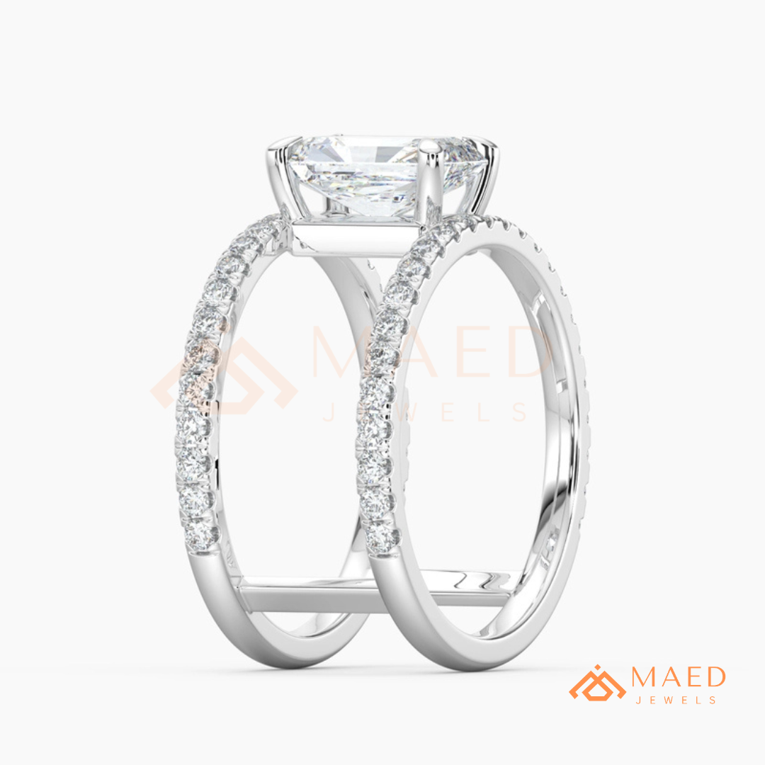 Radiant Cut Double Band Engagement Ring | Floating Open Spacer Pavé Cuff