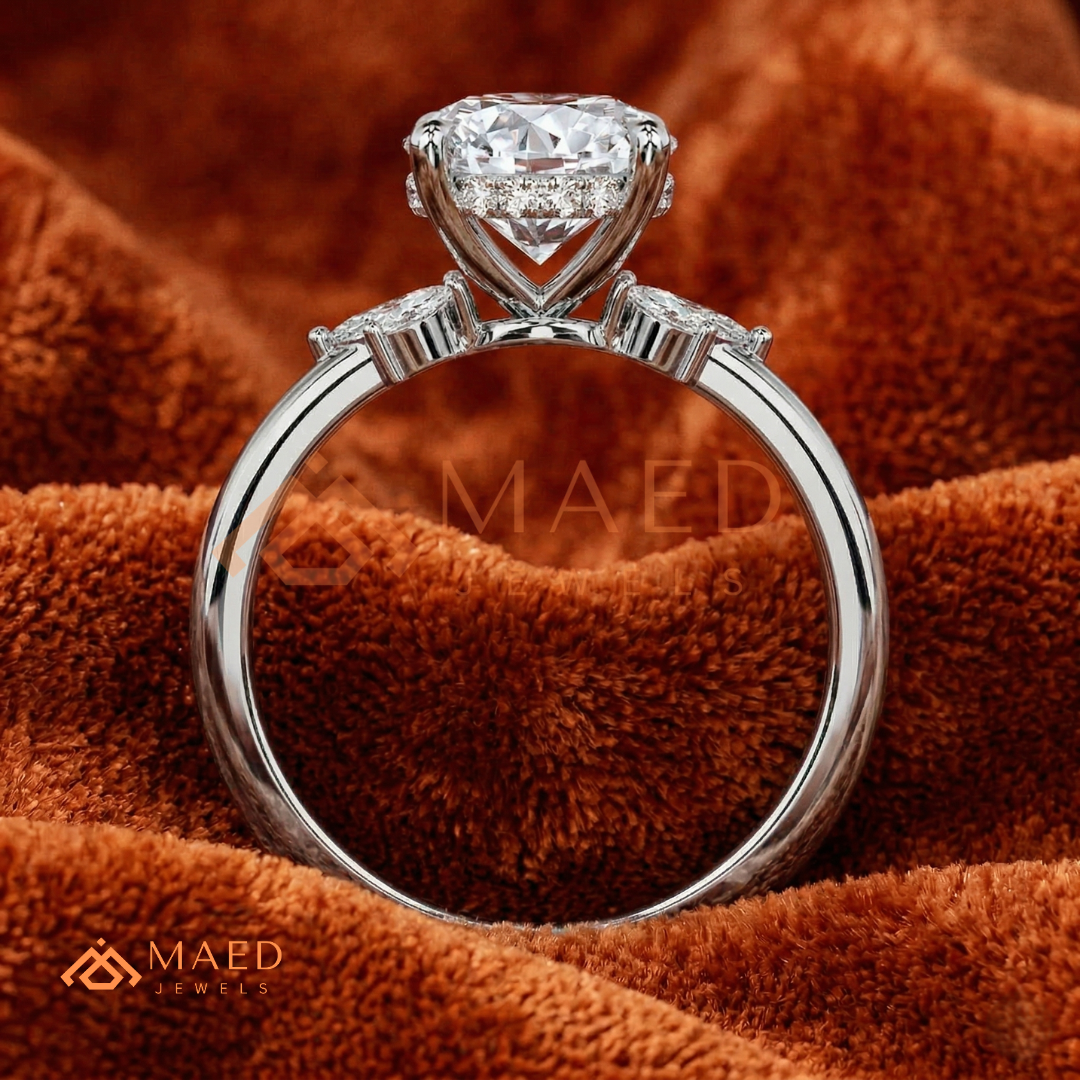 Round Brilliant Cut Ring with Marquise Floral Cluster | 14k Gold, Rose Gold & Silver