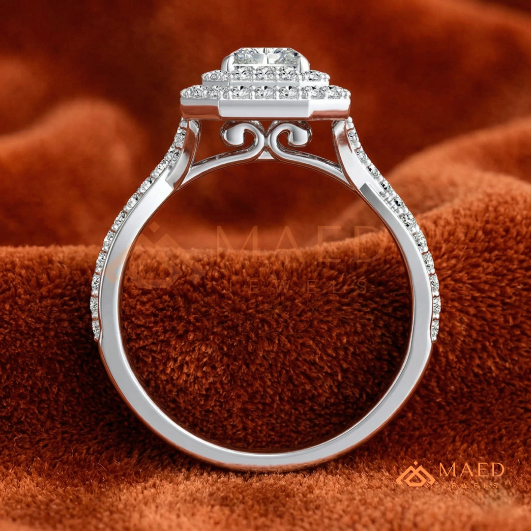 Radiant Cut Double Halo Engagement Ring with Twisted Band | 14k White Gold 14k Rose Gold,14K GOLD