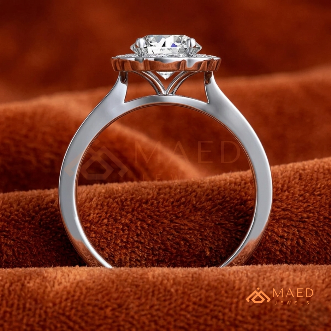 Round Cut Flower Halo Engagement Ring with Pave Band