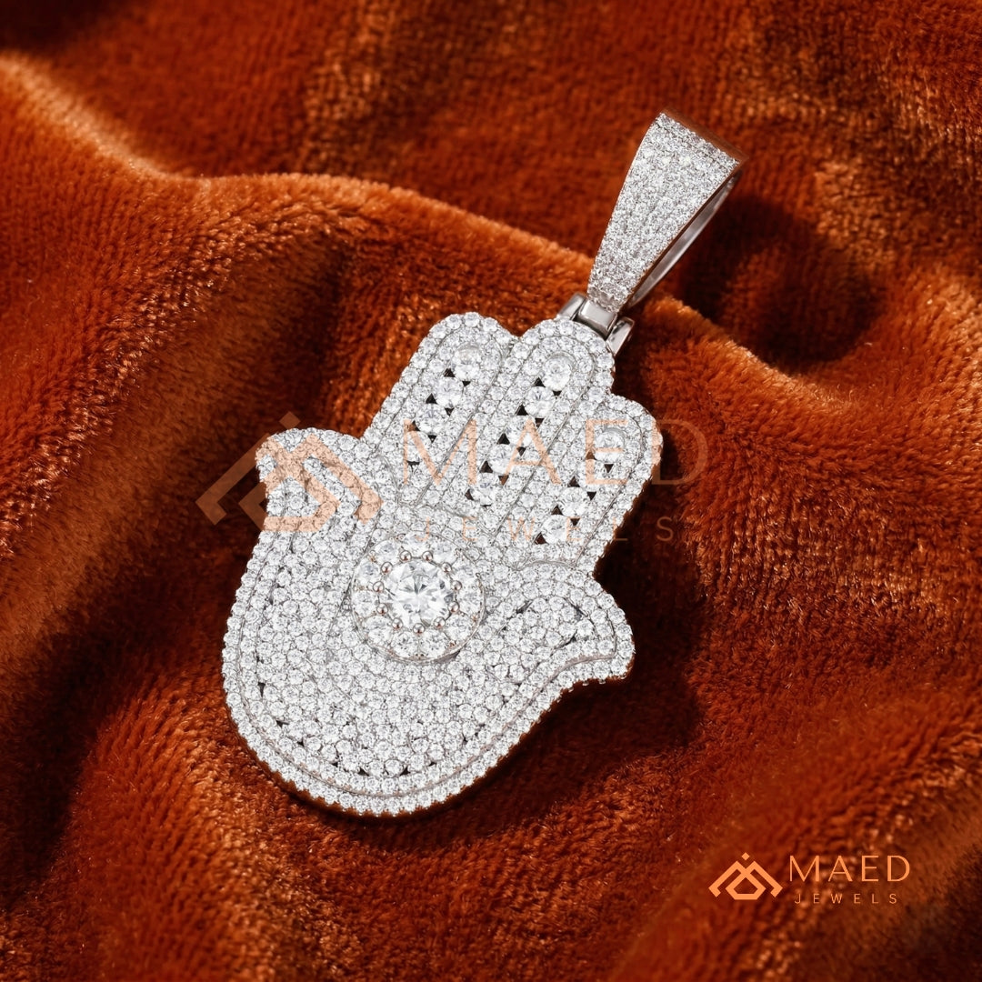 Iced-Out Hamsa Hand Pendant – Micro-Pave Diamond Finish in Silver, 14k Gold, 14k Rose Gold