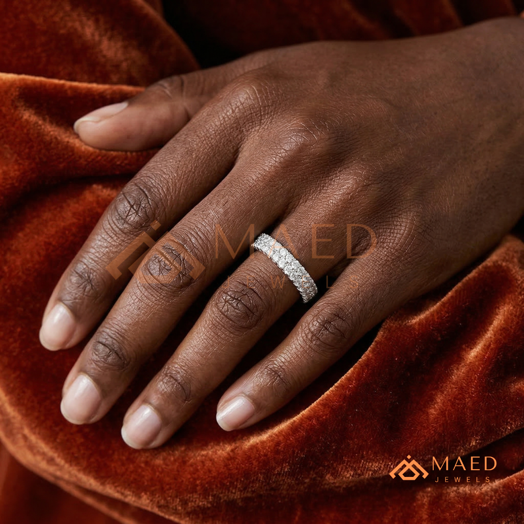 Double Row Pavé Diamond Wedding Band | 2-Row Micro-Pavé Anniversary Ring in Silver, 14K Gold, & Rose Gold