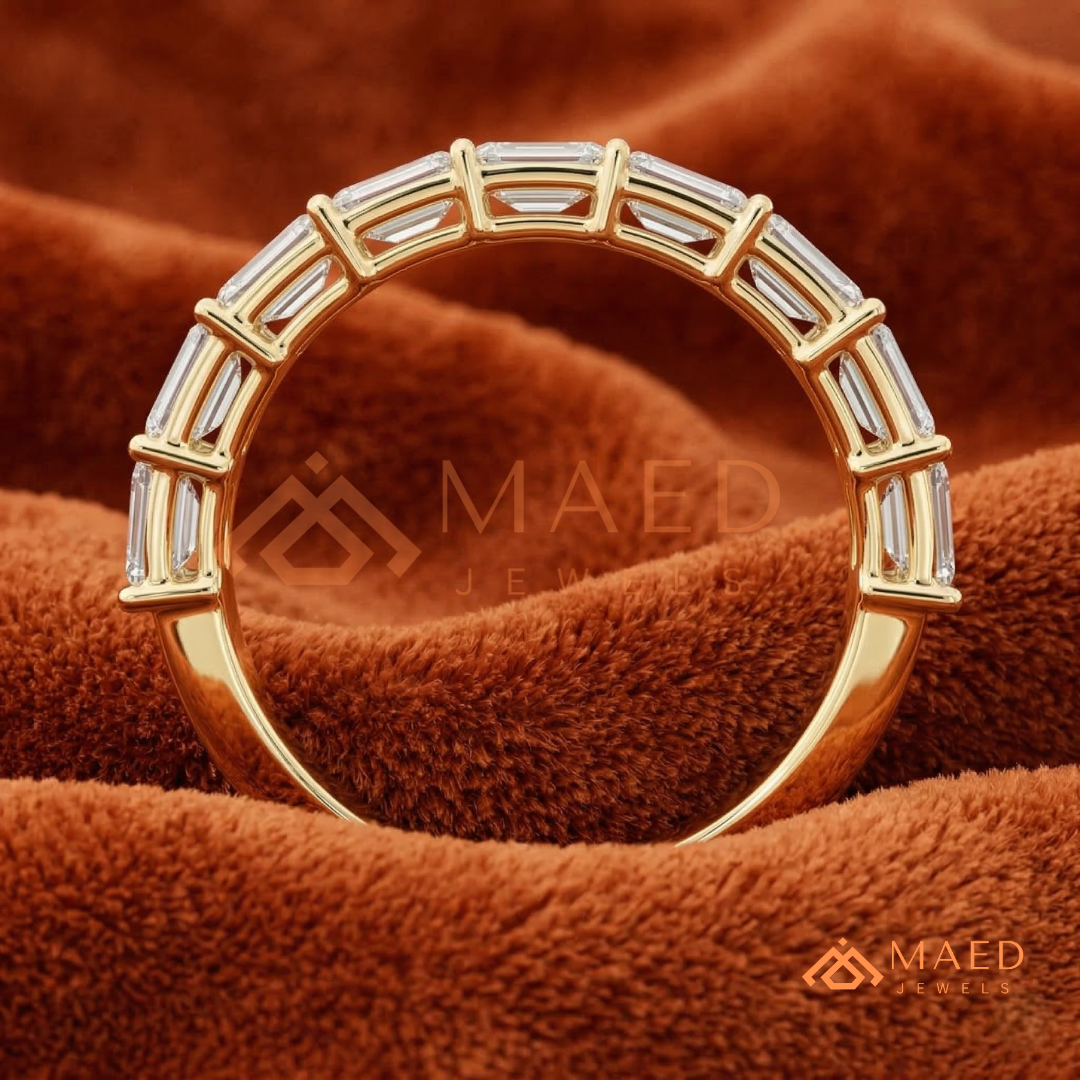 7-Stone Emerald Cut Diamond Wedding Band in Silver, 14K Yellow & Rose Gold