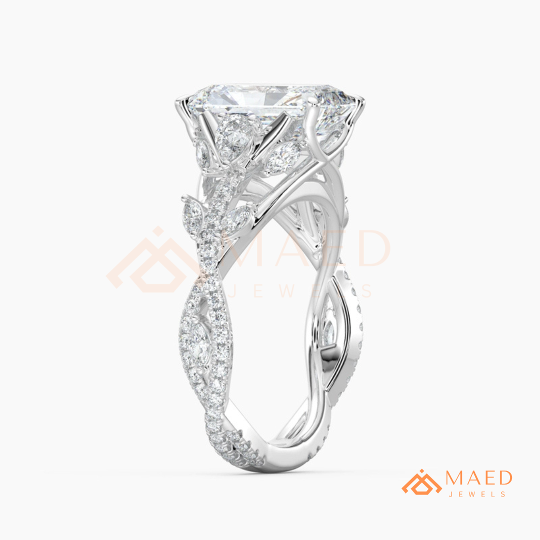 Radiant Cut Engagement Ring with Marquise Cluster Band in Silver, 14K Gold, & 14K Rose Gold