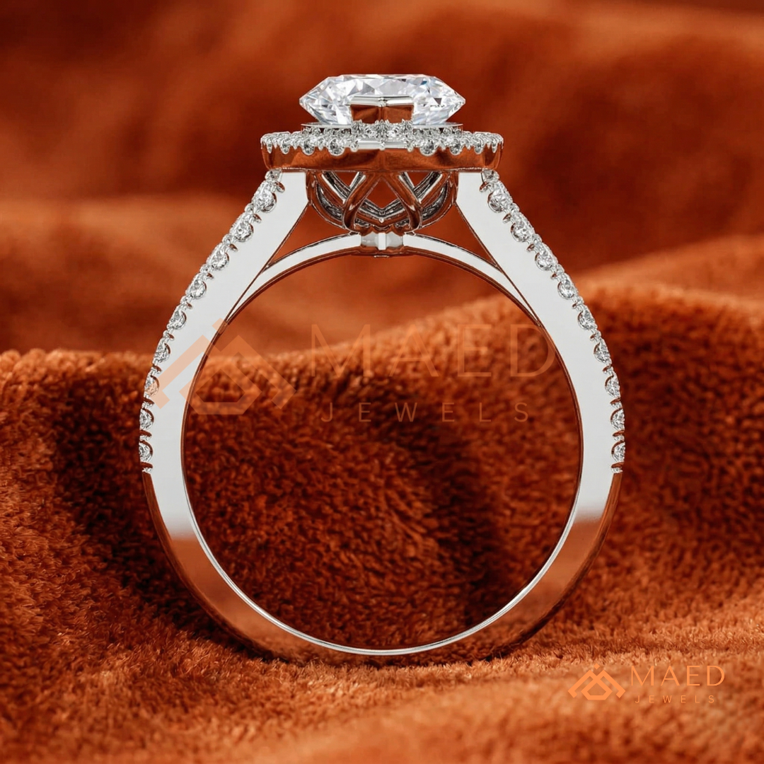 Marquise Cut Halo Engagement Ring | Split Shank Pave Band in 14K Gold & Silver