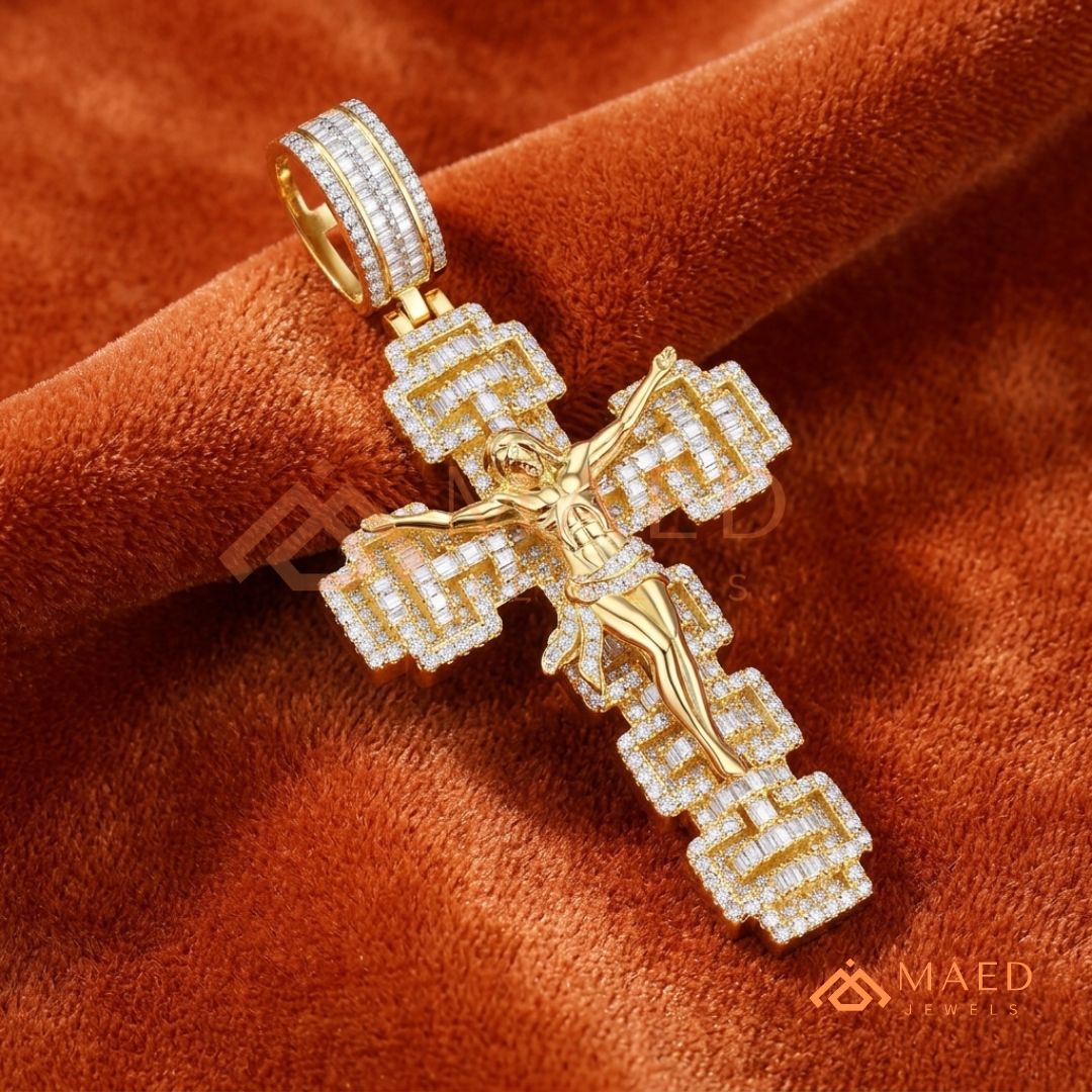 Crucifix Cross Pendant – Baguette & Micro Pave Hip Hop Necklace
