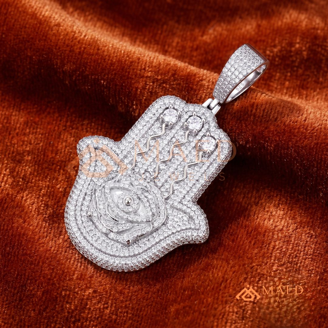 Iced Out Hamsa & Evil Eye Protective Pendant – Symbolic Statement Medallion