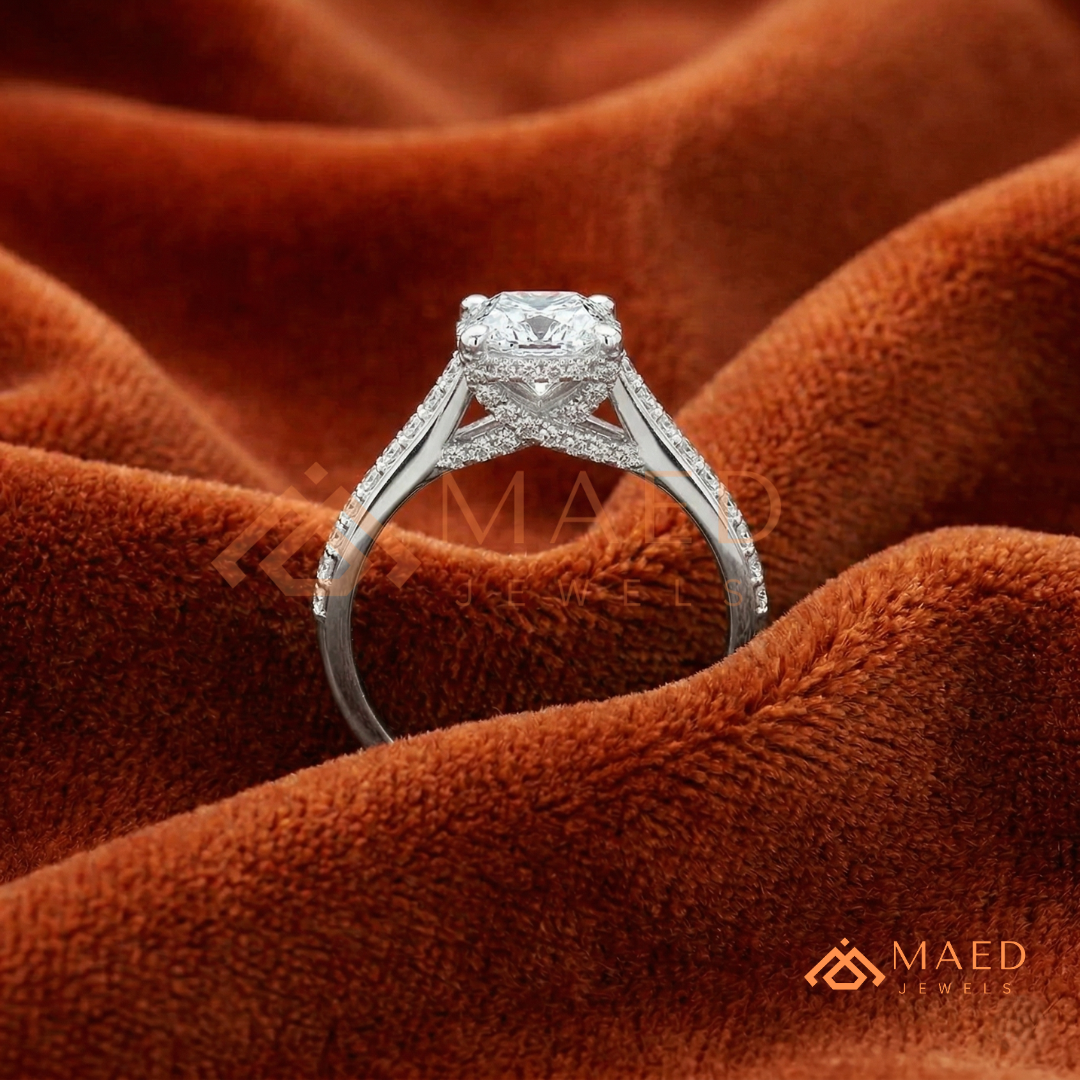 Oval Cut Engagement Ring with Pavé Diamond Band in 14K Gold, Rose Gold & Silver