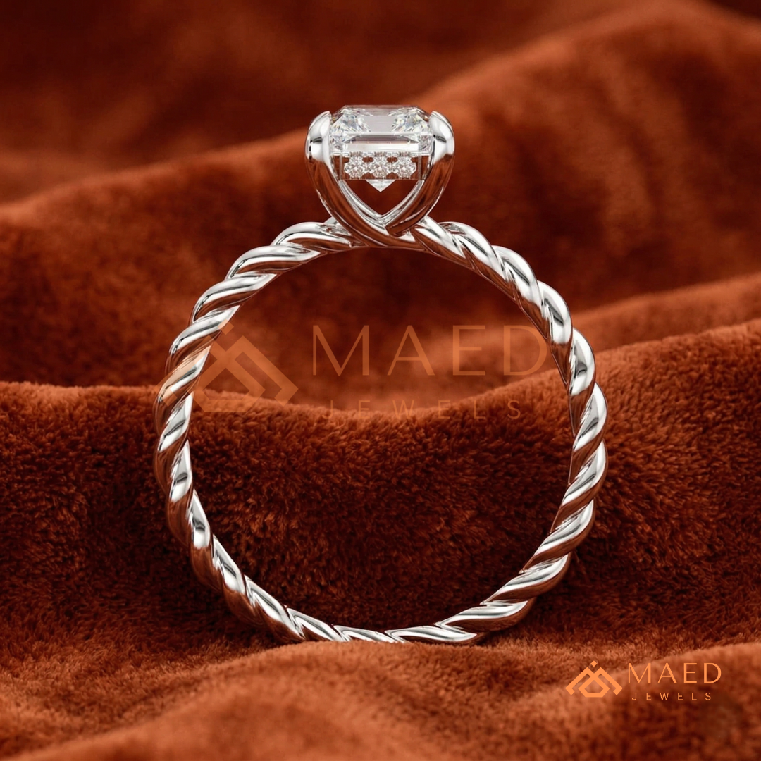 Classic Radiant Cut Twisted Cable Solitaire Ring in Silver, 14K Yellow Gold, or Rose Gold