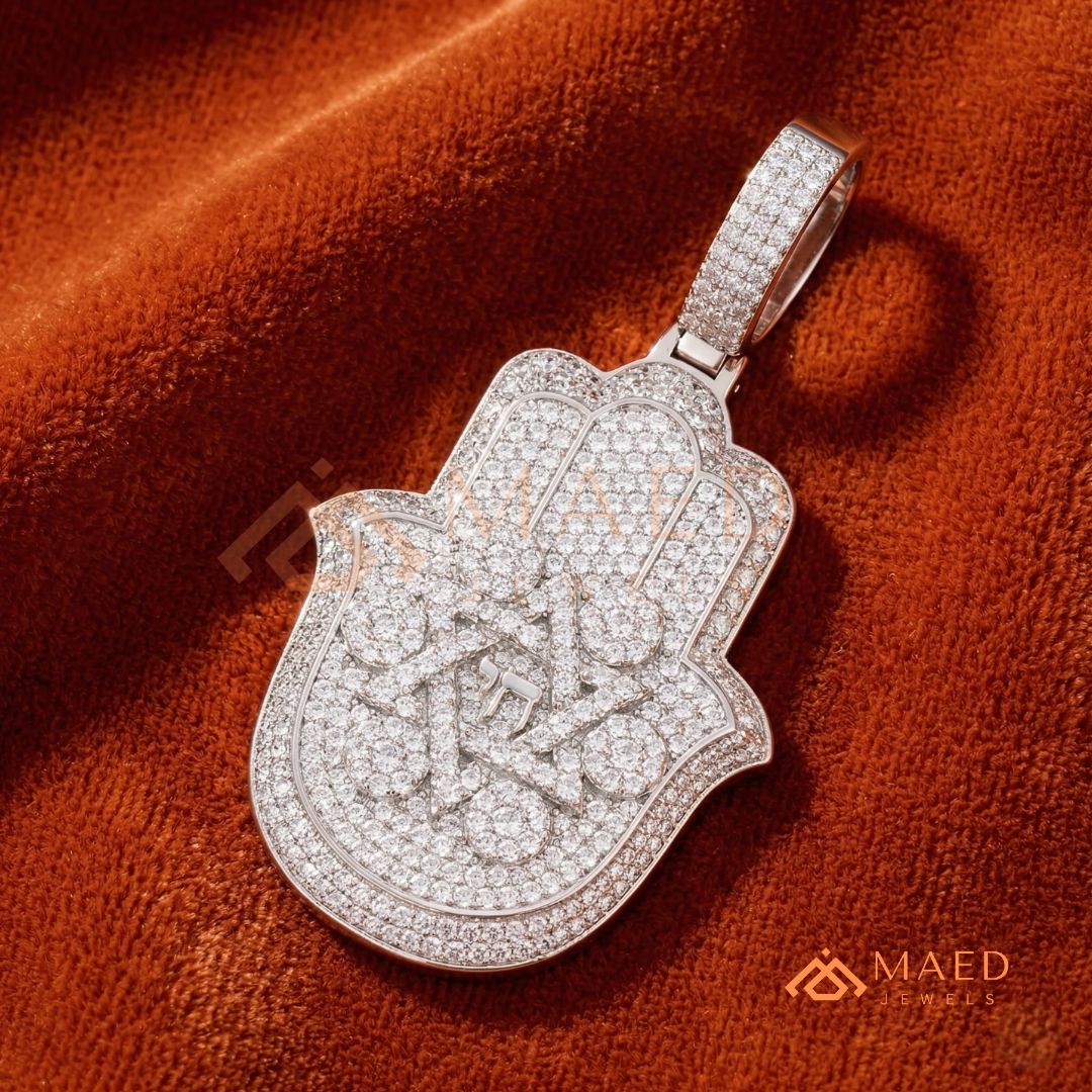 Iced Out Hamsa & Star of David Pendant with Chai Symbol - Sterling Silver, 14K Gold & Rose Gold