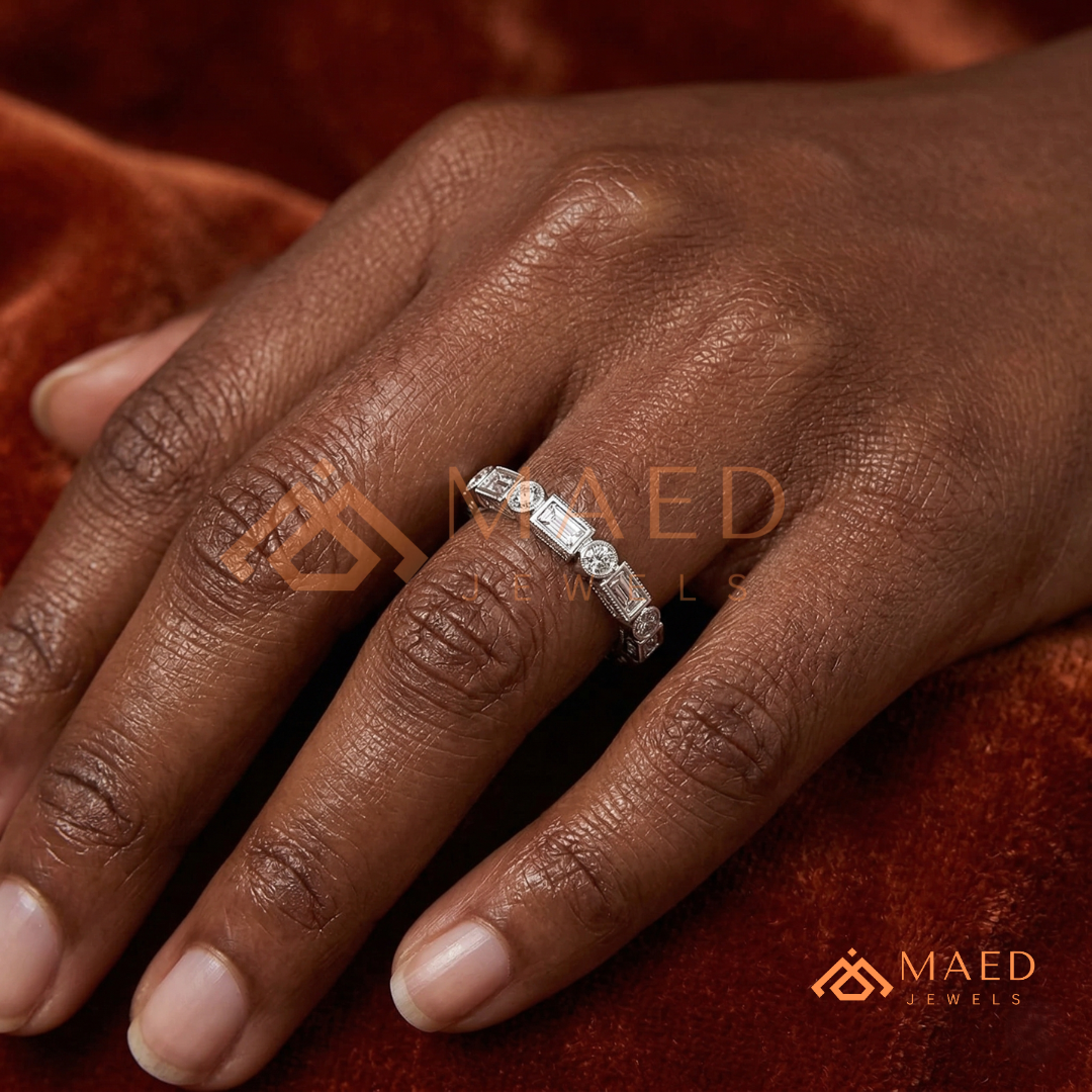 Vintage Alternating Baguette and Round Cut Diamond Wedding Band in Sterling Silver & 14K Gold