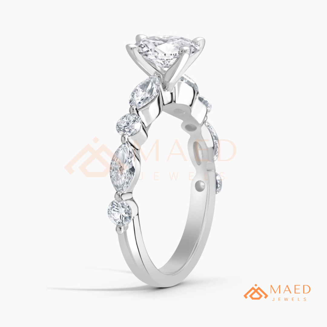 Round Cut Engagement Ring with Marquise Accents in Sterling Silver, 14K Gold & 14K Rose Gold