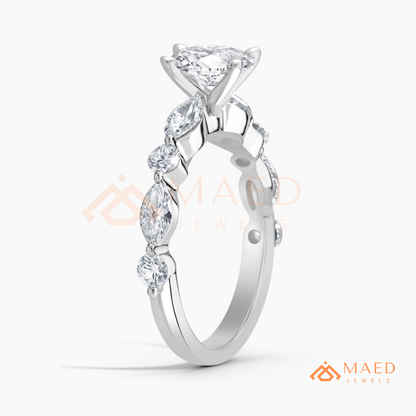 Round Cut Engagement Ring with Marquise Accents in Sterling Silver, 14K Gold & 14K Rose Gold