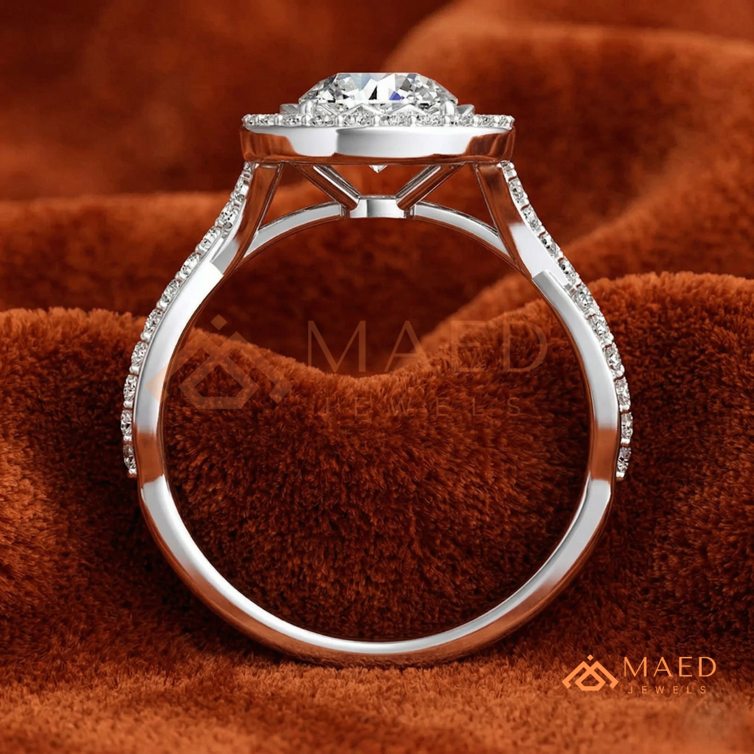 Round Halo Engagement Ring with Twisted Pavé Band – Sterling Silver, 14K Gold, or 14K Rose Gold