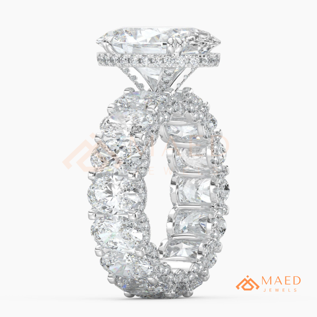 Elongated Oval Cut Engagement Ring with Full Oval Eternity Band | 14k Gold & Silver