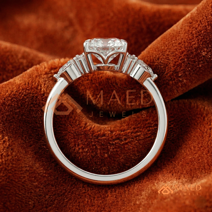 Oval Cut Engagement Ring with Pear and Round Cluster Band in Silver, 14K Gold, & 14K Rose Gold