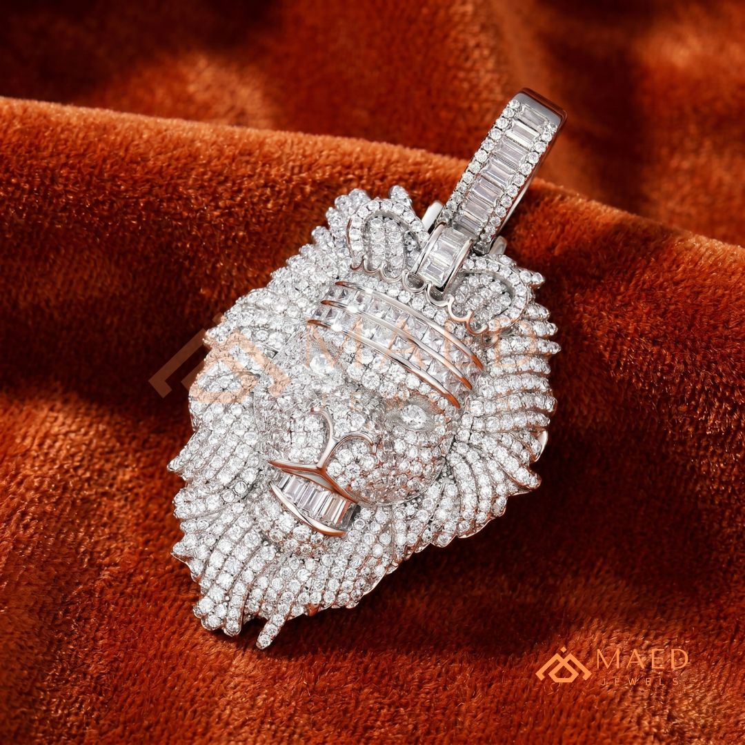 Iced Out King Lion Head Pendant – 14K Gold, Rose Gold & Silver Baguette Crown Hip Hop Charm