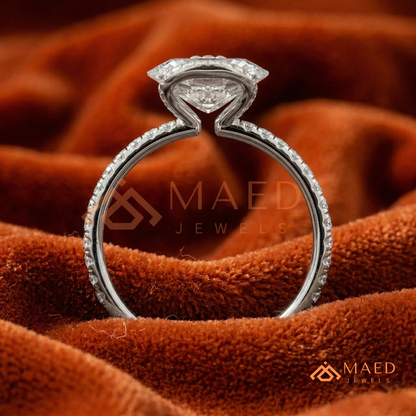 East-West Oval Cut Partial Halo Engagement Ring | 14k Gold, Rose Gold & Sterling Silver Shimmering Accented Band