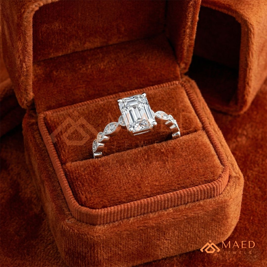 merald Cut Diamond Simulant Vintage Milgrain Ring (14k Gold & Sterling Silver)