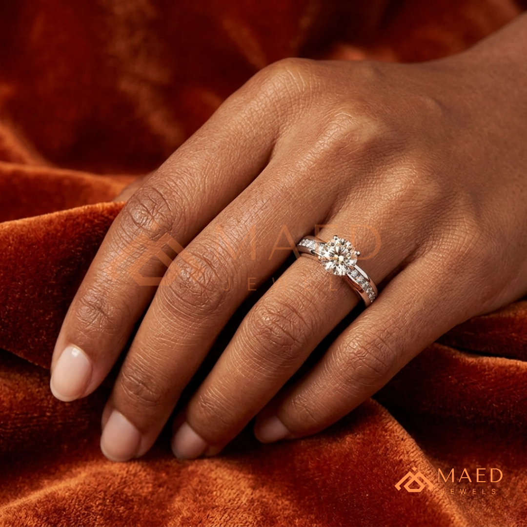 Round Brilliant Solitaire Engagement Ring with Channel Set Band – Sterling Silver, 14K Gold, or 14K Rose Gold