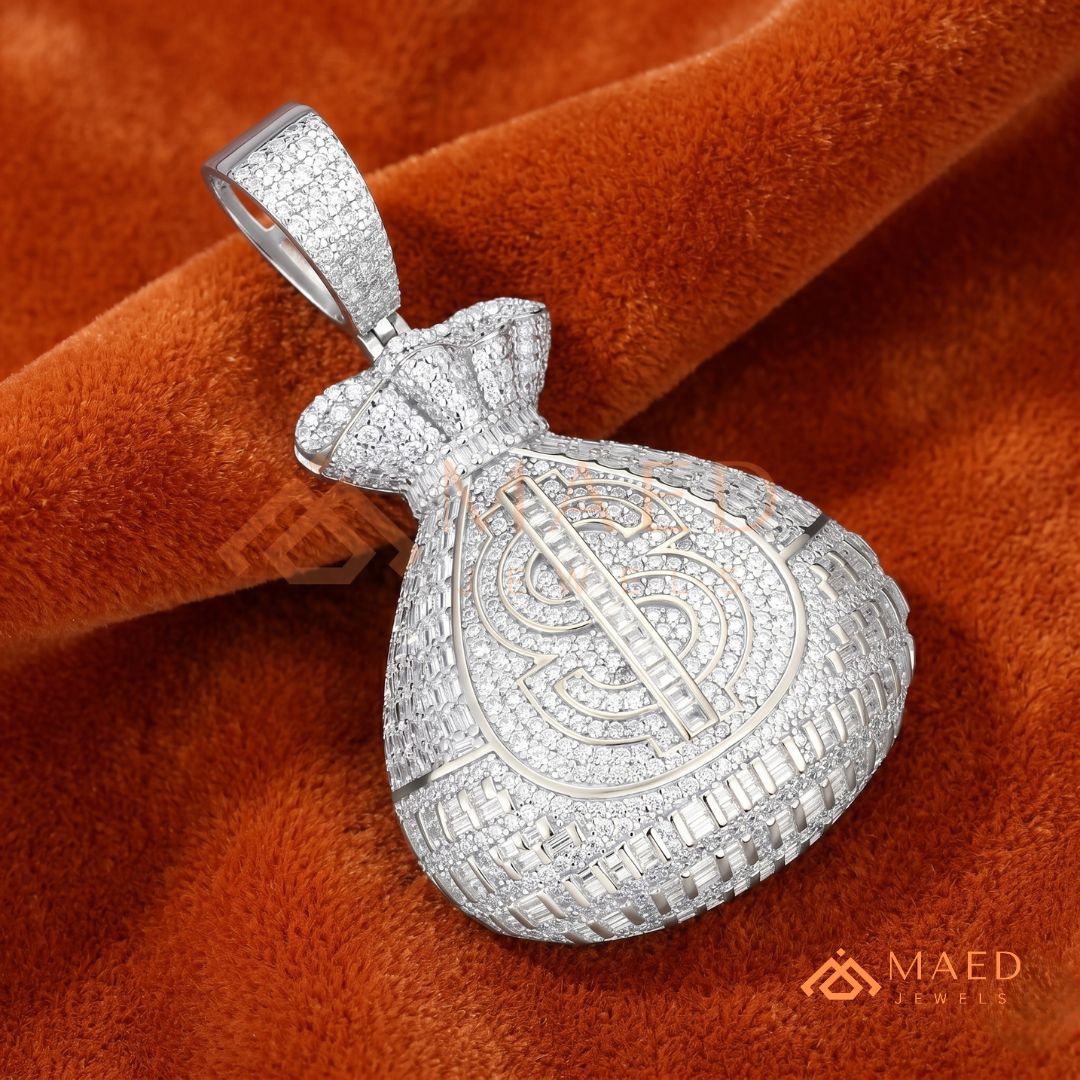 Fully Iced Out Money Bag Pendant – Baguette & Micro Pave Hip Hop Necklace