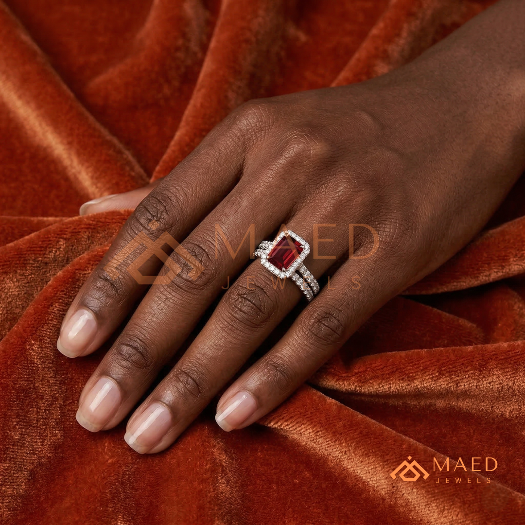 Vintage Emerald Cut Garnet Engagement Ring Set – Pavé Diamond Halo Band