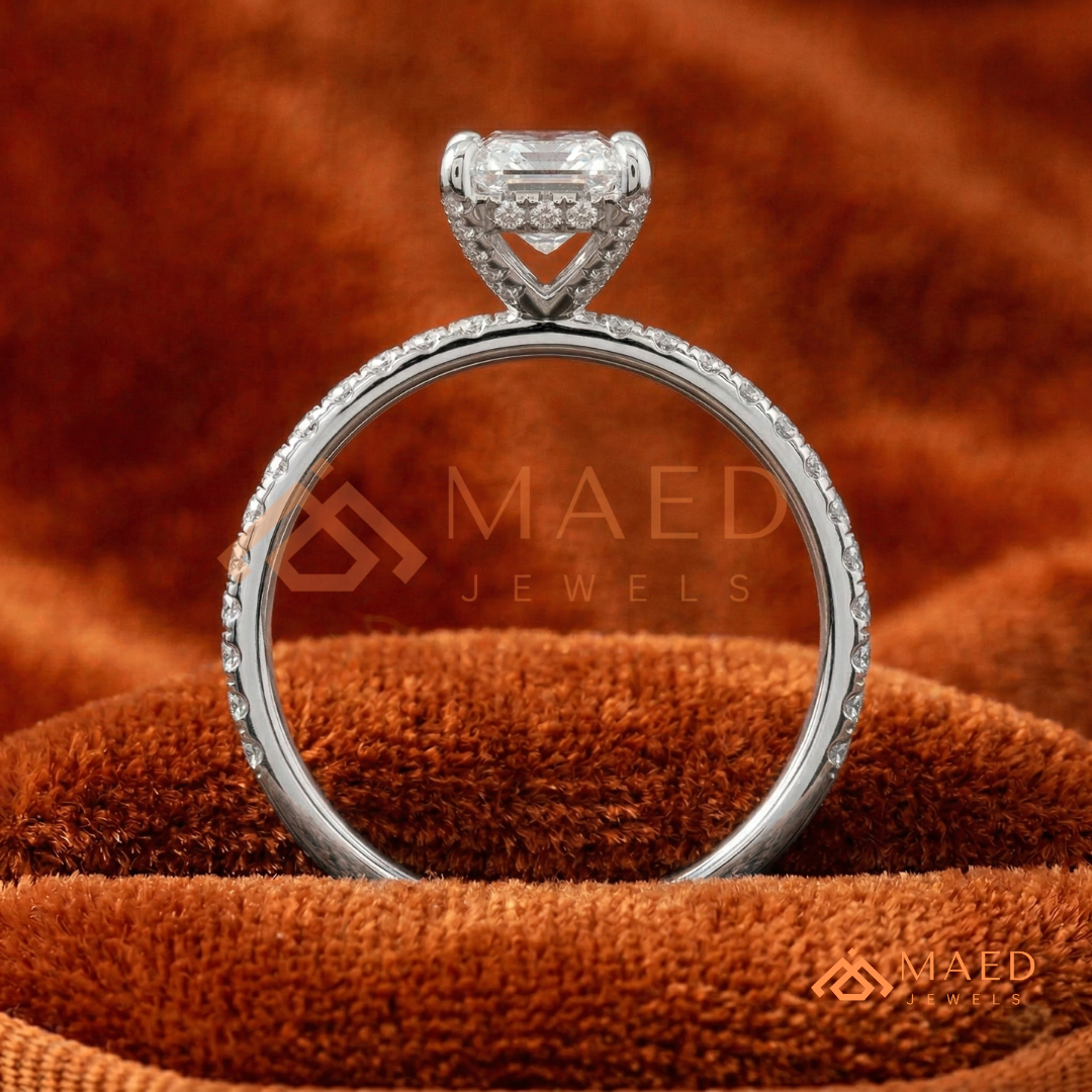 Radiant Cut Moissanite Engagement Ring in Sterling Silver, 14K White Gold & Rose Gold | Hidden Halo Diamond Band For Women