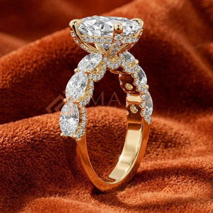 Oval Cut Engagement Ring with Large Round Accent Band | 14K Gold & Silver Shared Prong