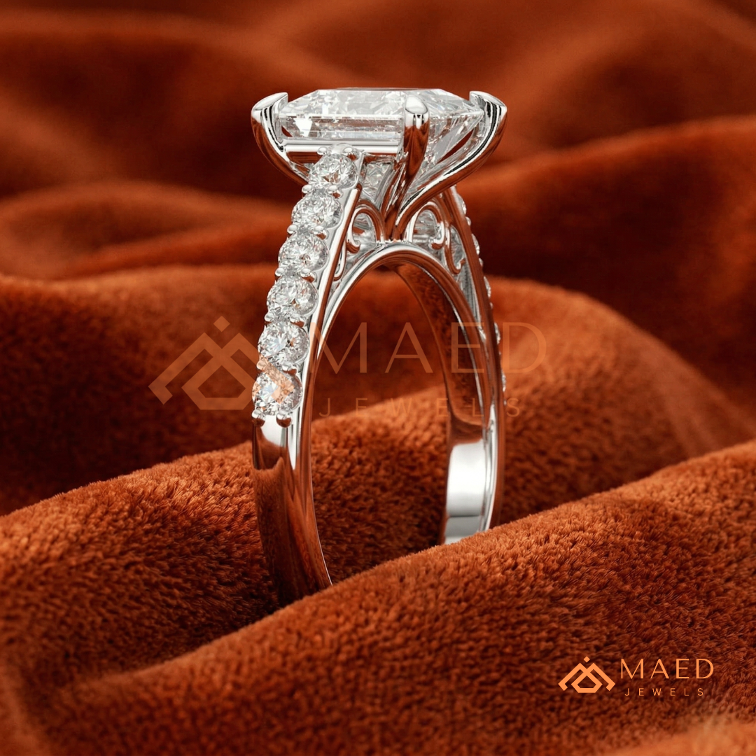 Princess Cut Engagement Ring with Pavé Band | 14k Gold, Rose Gold & Silver