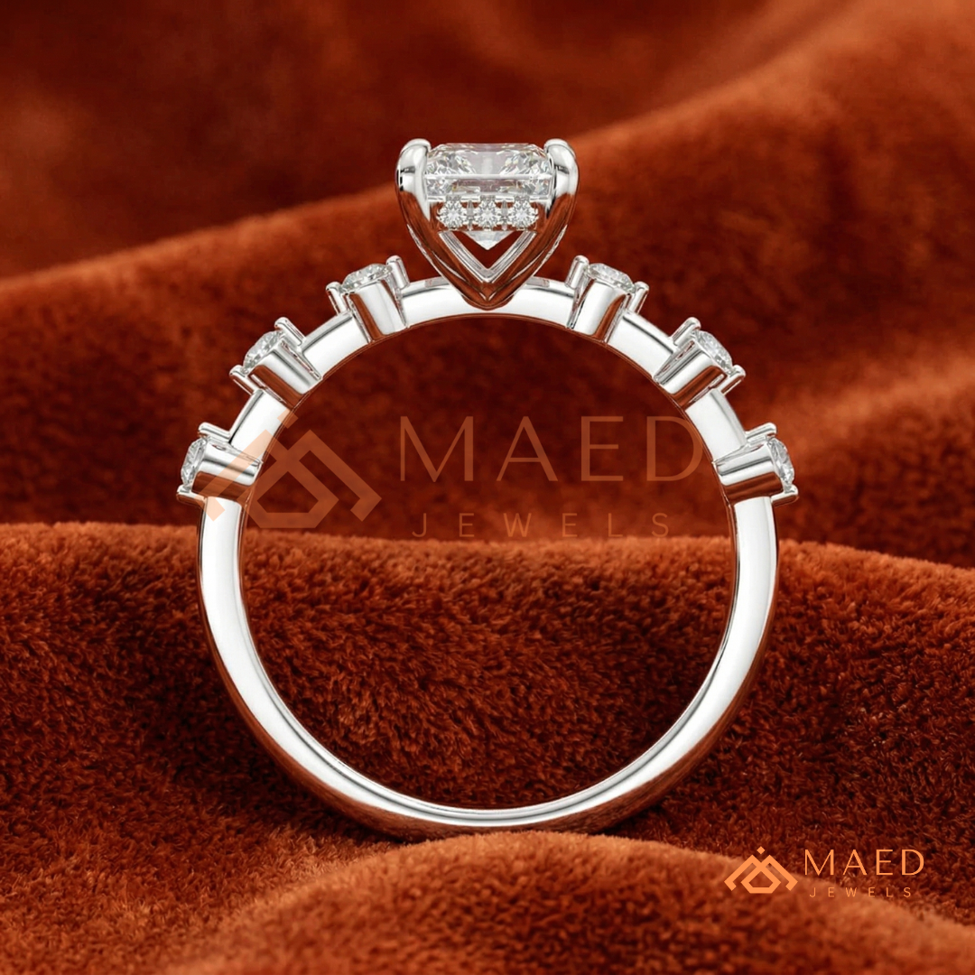Radiant Cut Moissanite Engagement Ring in Sterling Silver, 14K Gold & Rose Gold | Art Deco Bezel-Set Accent Band