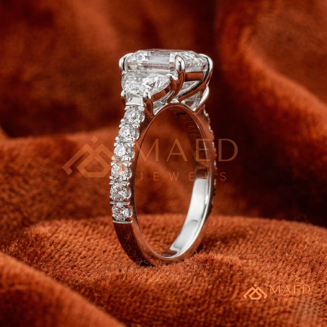 Classic Cushion Cut Three-Stone Engagement Ring with Half-Moon Side Stones in Silver, 14K Gold & Rose Gold