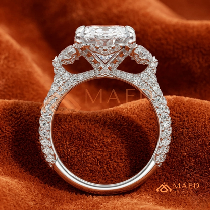 Oval Cut Engagement Ring with Half Moon Side Stones and Pavé Band in Silver, 14K Gold, & 14K Rose Gold