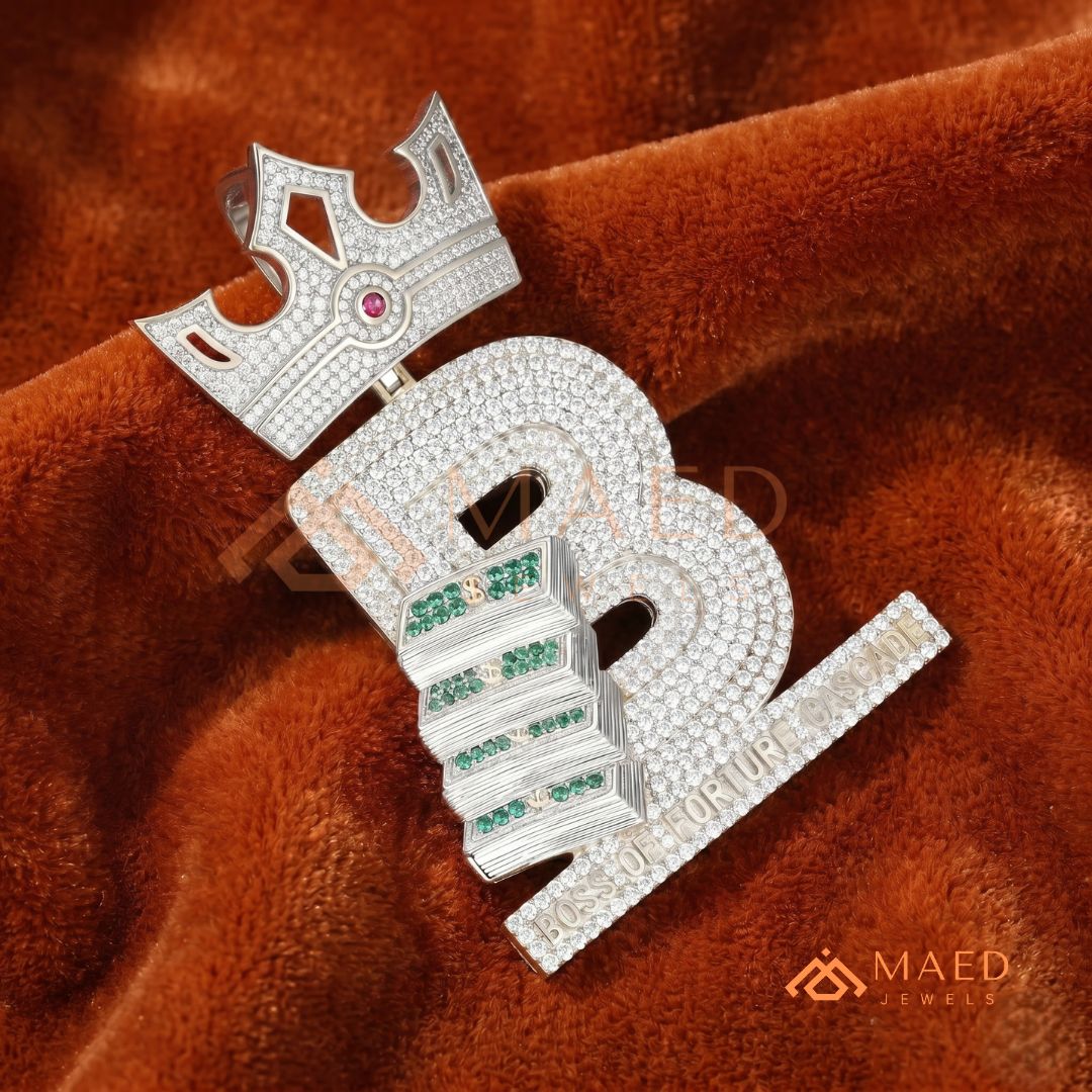 Custom Crown Initial "B" Money Stack Pendant in Sterling Silver & 14K Gold