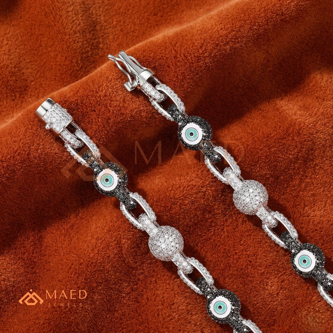 Luxury Diamond & Black Spinel Evil Eye Link Chain Bracelet