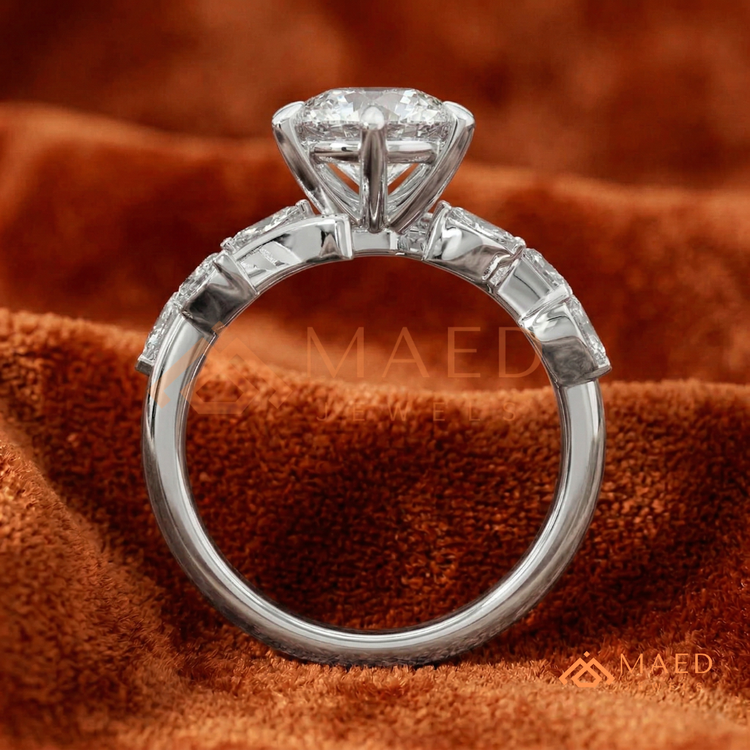 Nature Inspired Round Moissanite Engagement Ring, 6-Prong Marquise Leaf Twig Wedding Ring in Silver, 14K Gold & Rose Gold
