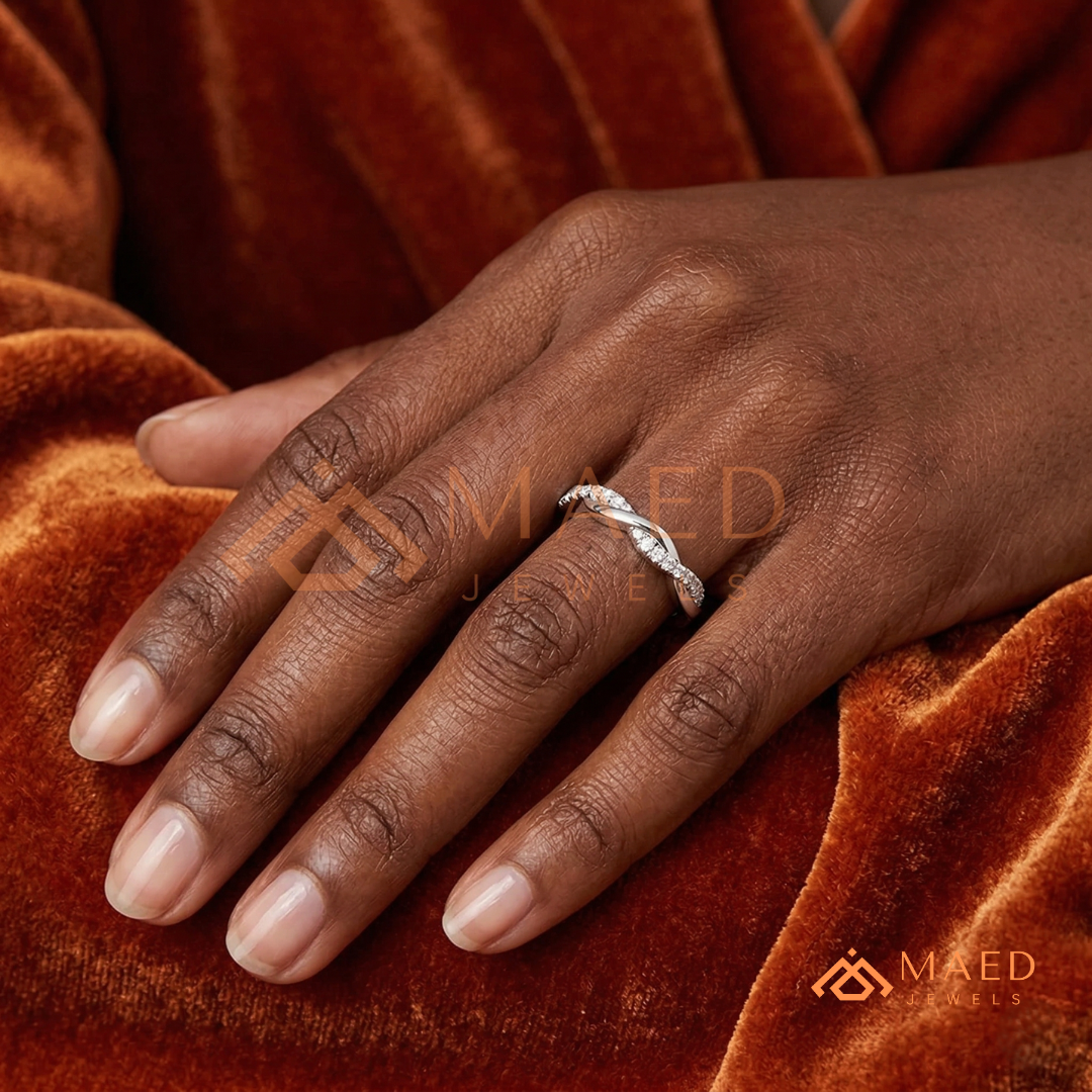 Half-Pavé Twisted Vine Diamond Wedding Band | Interlocking Infinity Wave Ring in Silver, 14K Gold, & Rose Gold