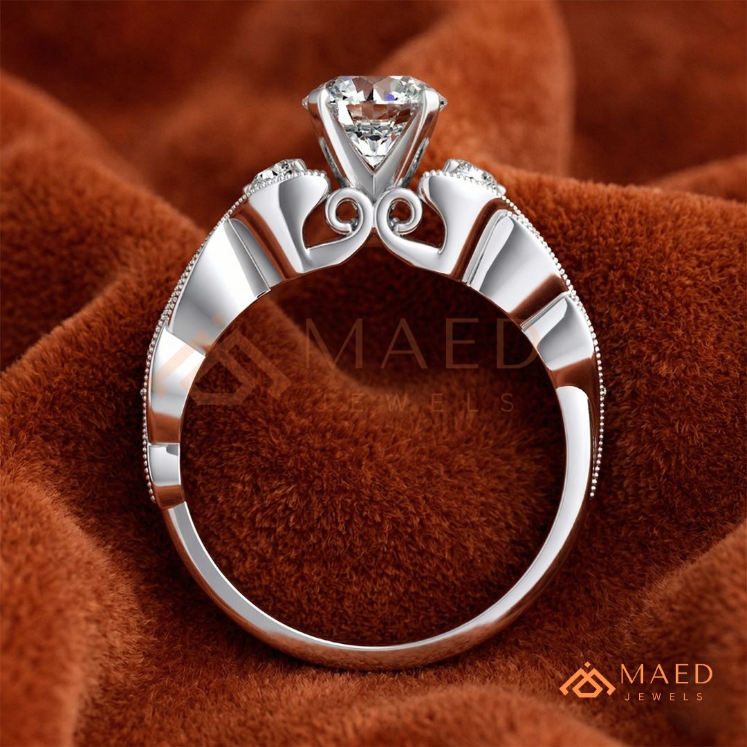 Vintage-Inspired Three-Stone Engagement Ring with Milgrain Twisted Band