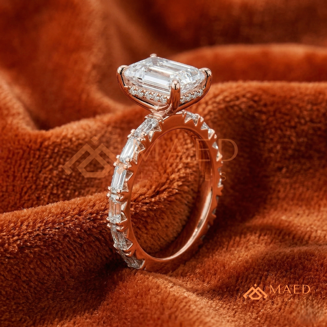 Classic Emerald Cut Solitaire Ring with Emerald Band Eternity Shank