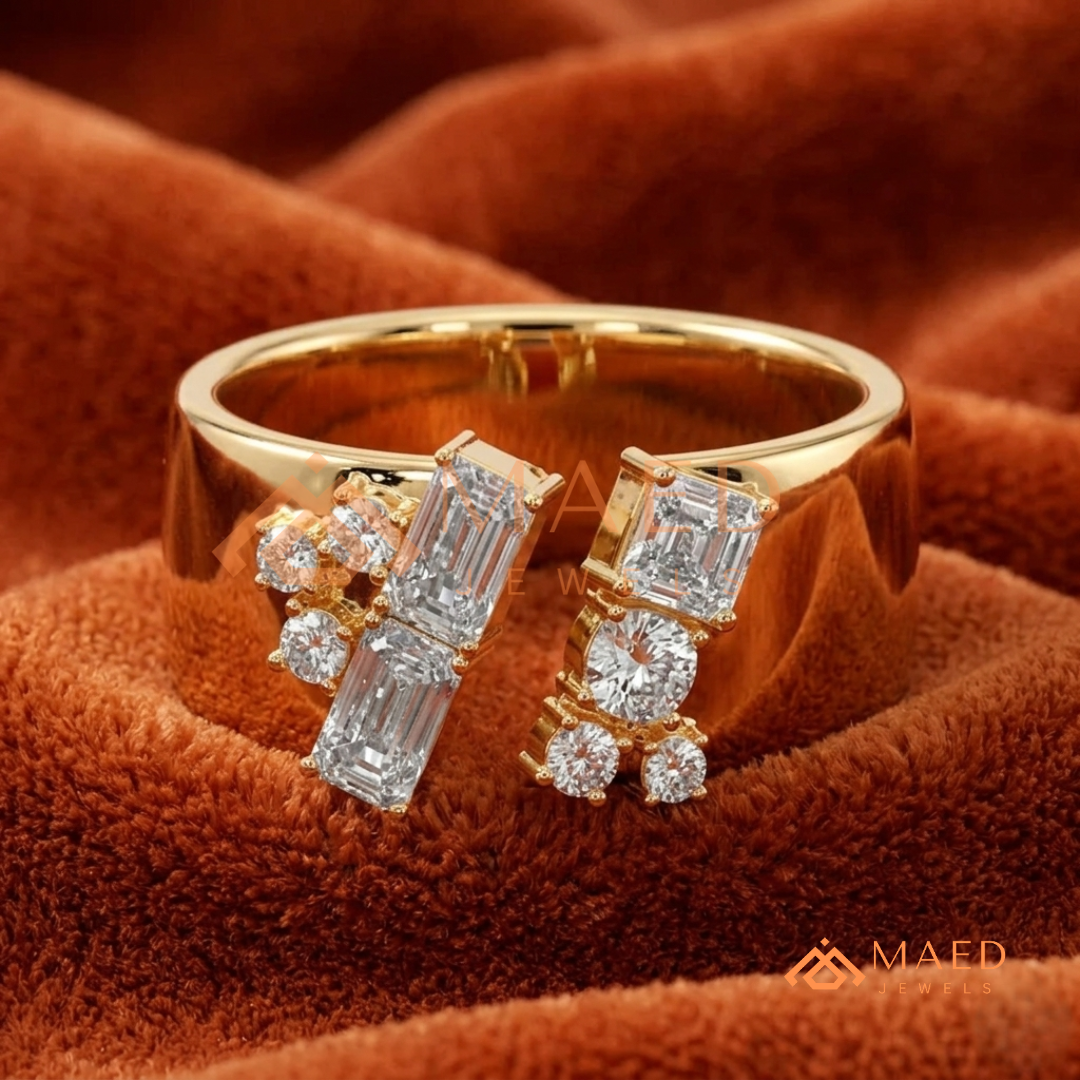 The Mosaic Wide Open Band | Baguette & Round Cluster Statement Ring