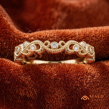 Vintage Filigree Milgrain Wedding Band in Silver, 14K Yellow & Rose Gold