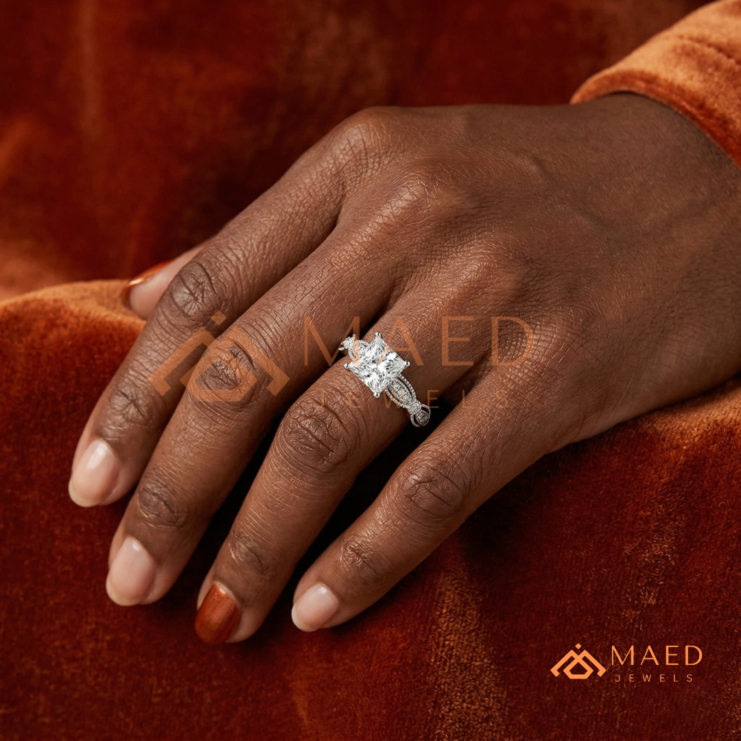 Princess Cut Vintage Engagement Ring in 14K Gold, Rose Gold & Silver | Antique Milgrain Pave Moissanite Ring for Women