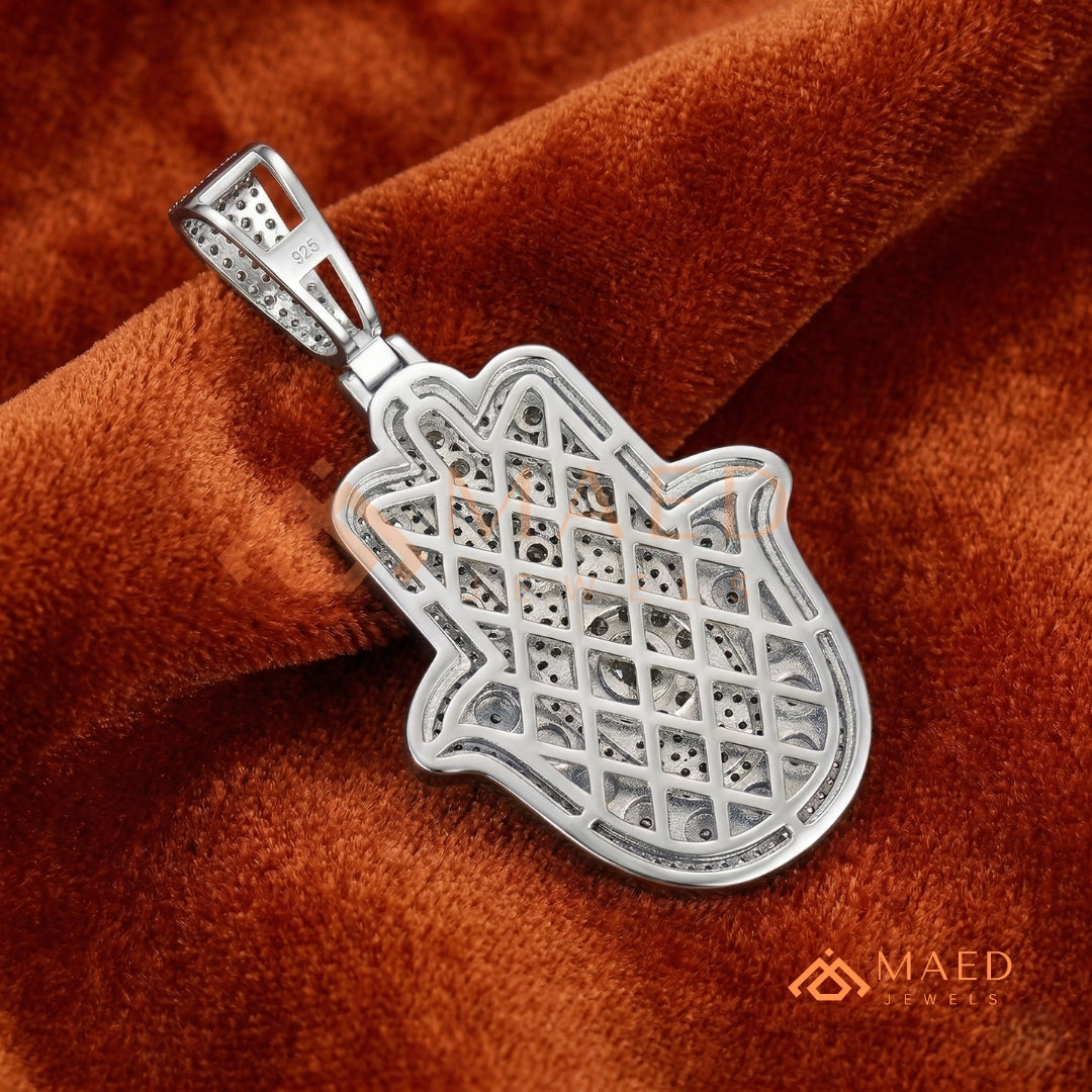 Iced-Out Hamsa Hand Pendant – Micro-Pave Diamond Finish in Silver, 14k Gold, 14k Rose Gold