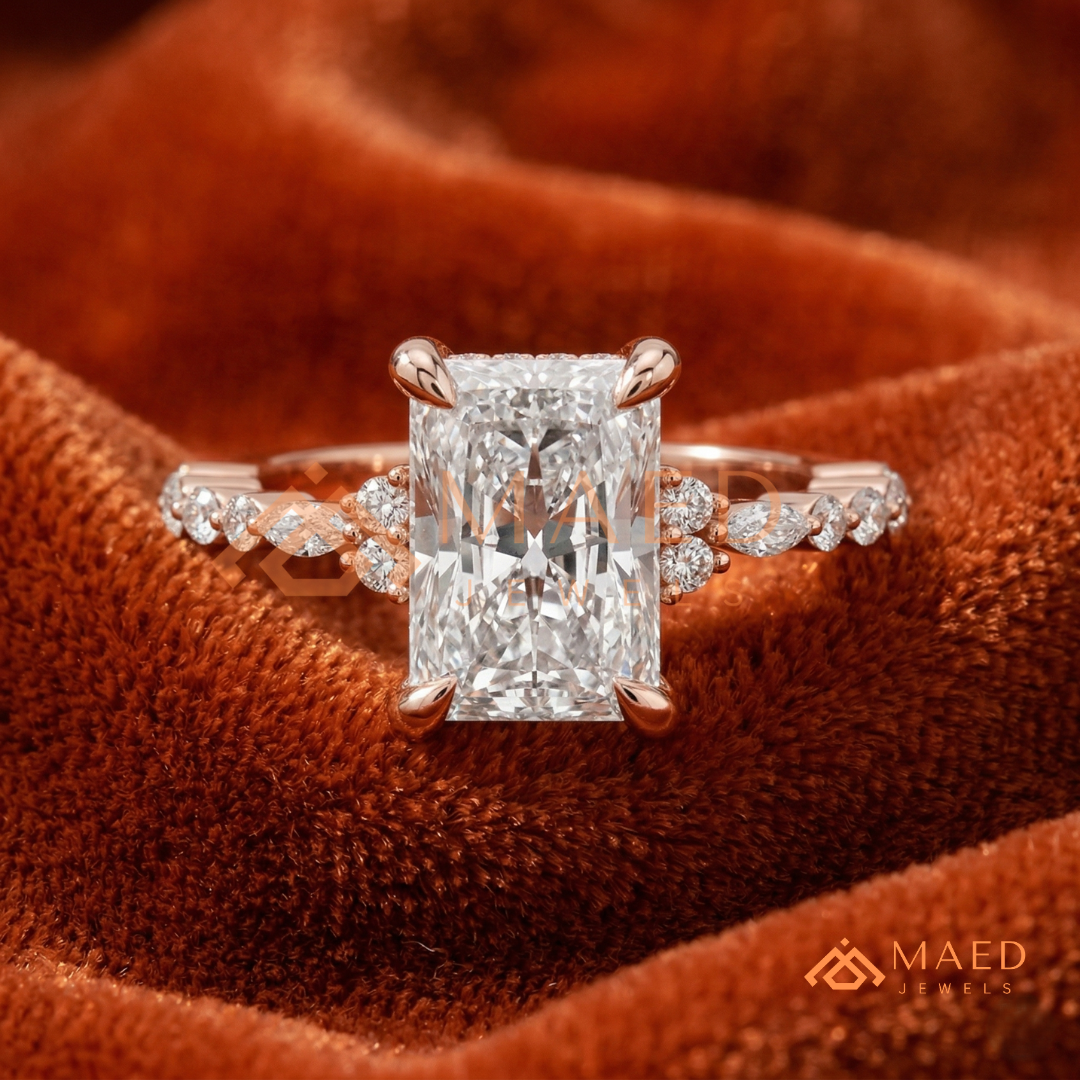 Radiant Cut Engagement Ring | Marquise & Round Cluster Band in 14K Gold, Rose Gold & Sterling Silver